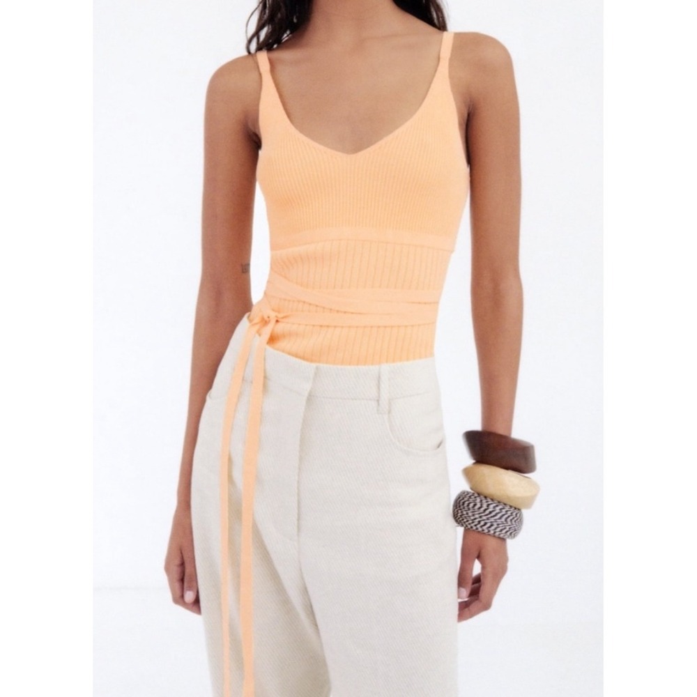 Zara Orange Cream Strappy Knit Tank Top Tie Waist Sz M NWOT